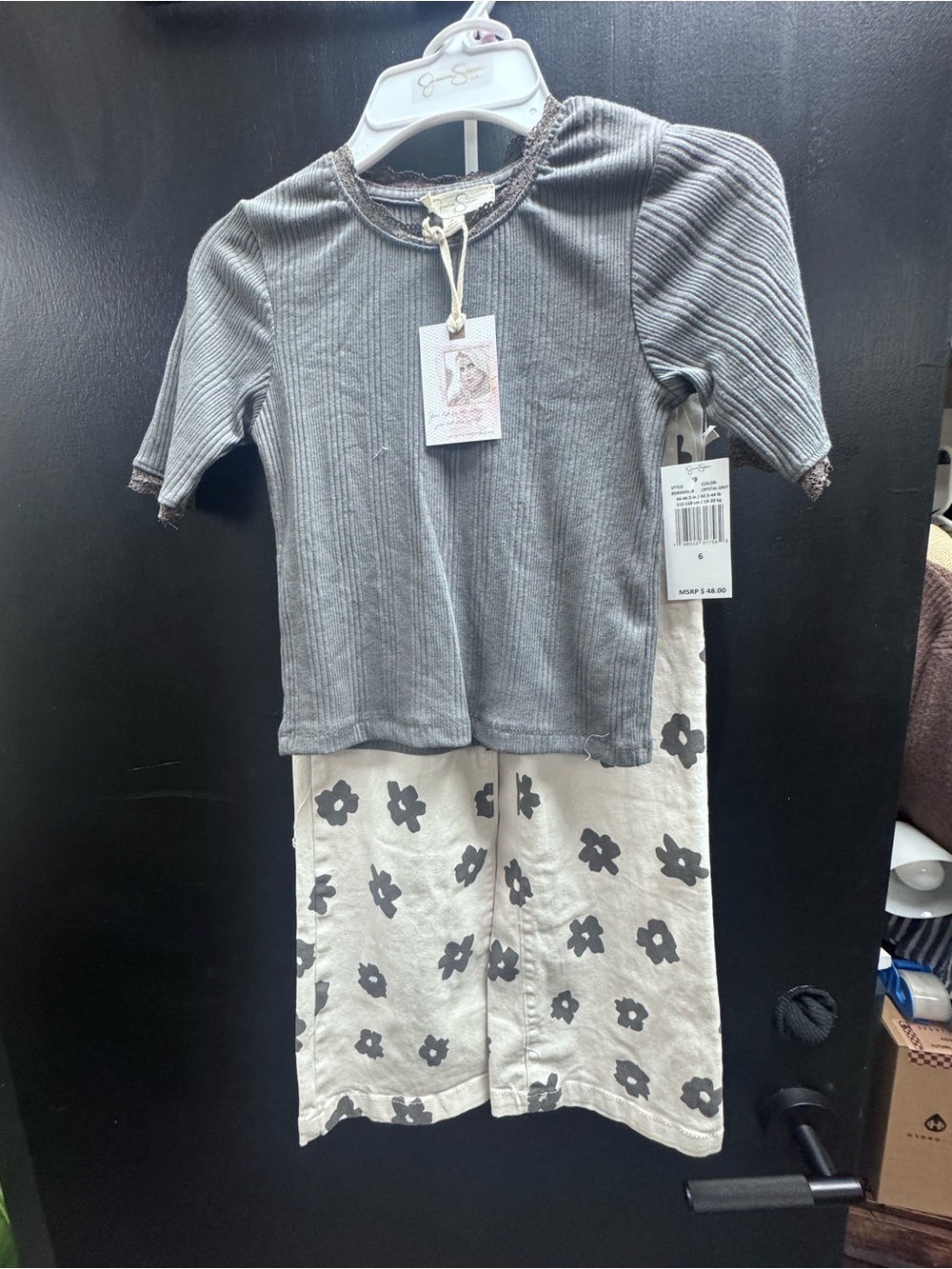 Jessica Simpson Gray Ribbed Top & Cream Floral Pajama Set